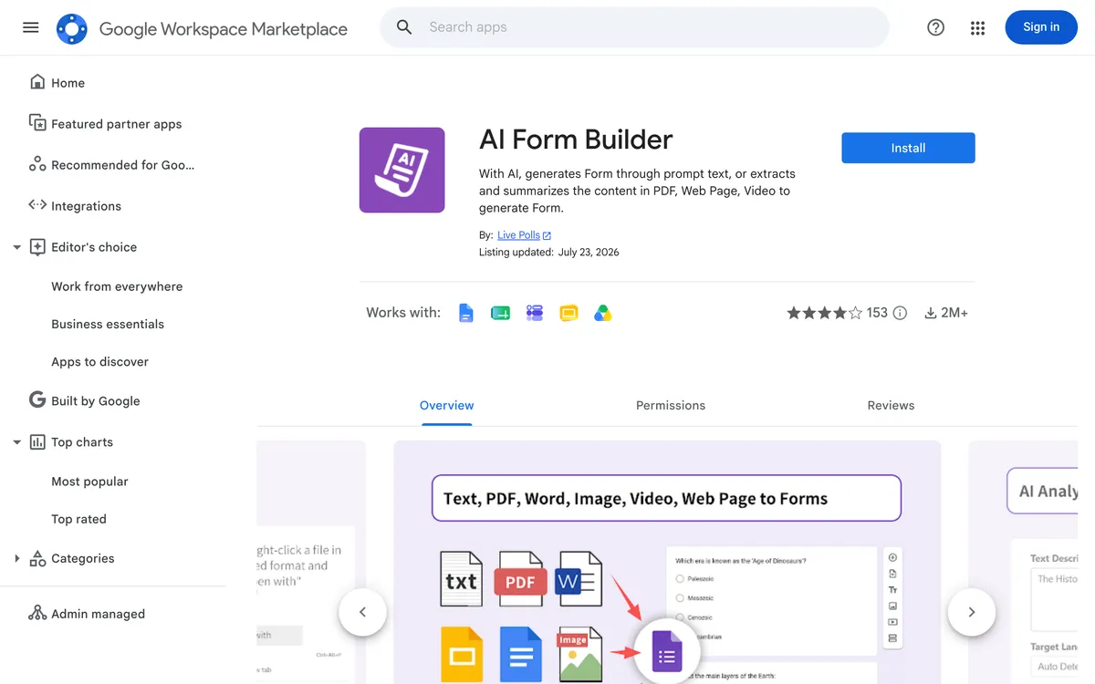 AI Form Maker listing on the Google Workspace Marketplace, showing the add-on that generates Google Forms from prompts and documents