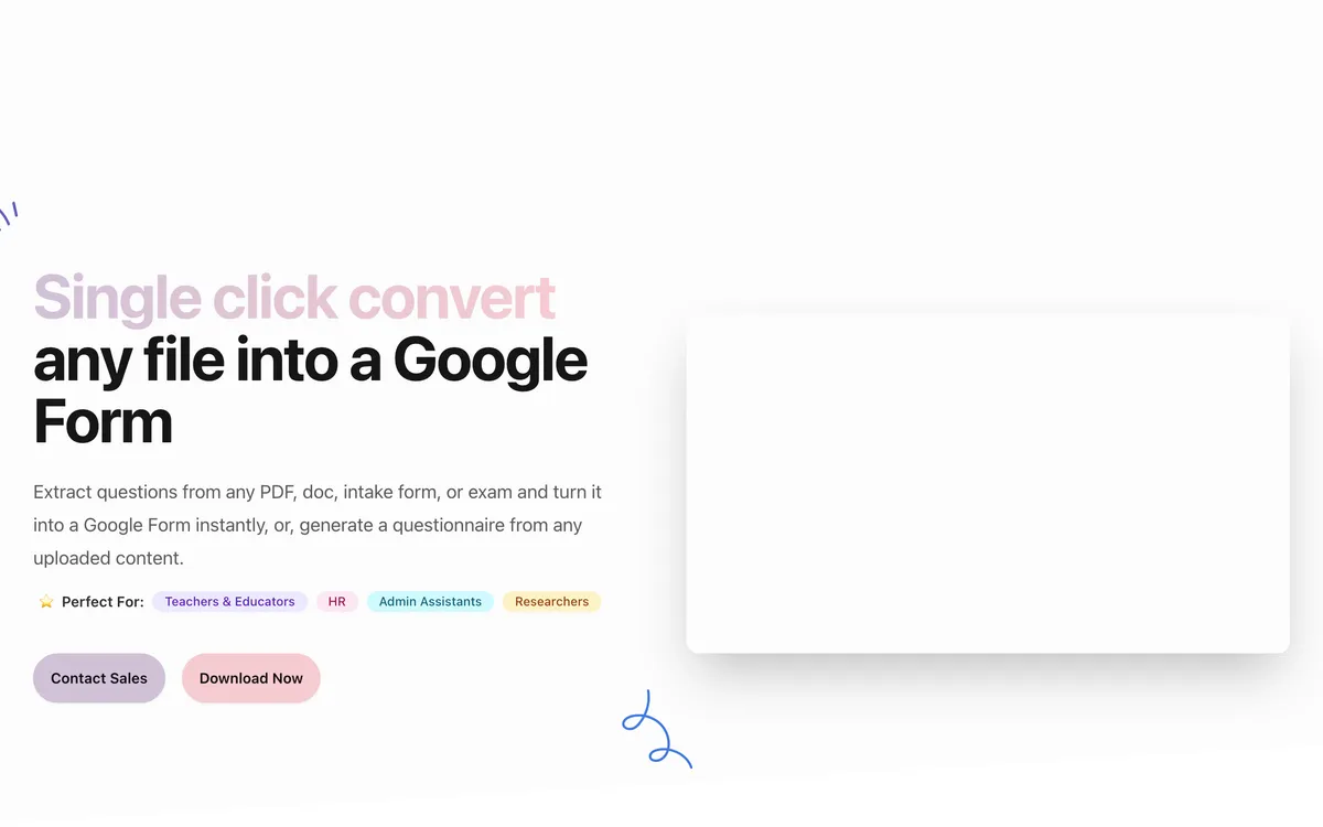 Automagical Forms marketing page for the Google Workspace add-on, showing a Drive document being converted into a Google Form from the sidebar