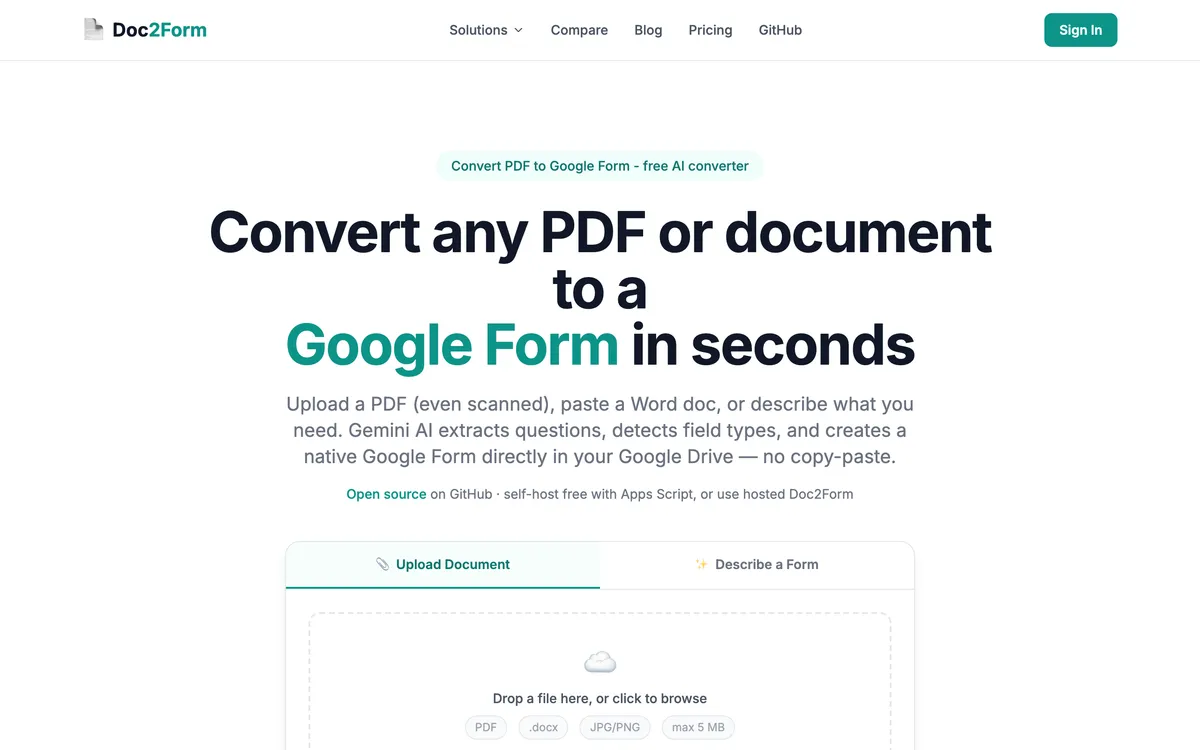 Doc2Form upload screen with a drag-and-drop area for PDF, Word, and image files, plus a tab for describing a form in plain English