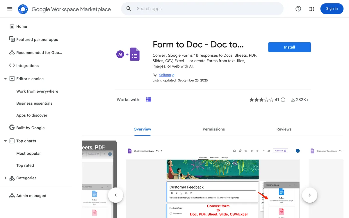 Form to Doc listing on the Google Workspace Marketplace showing the two-way conversion pitch and the list of supported input and output formats