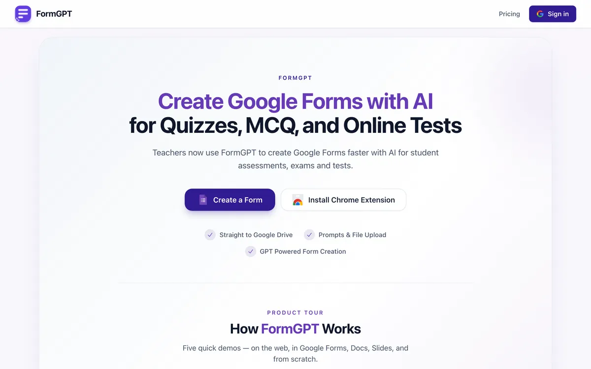 FormGPT interface showing an AI-generated Google Form draft with editable questions before export