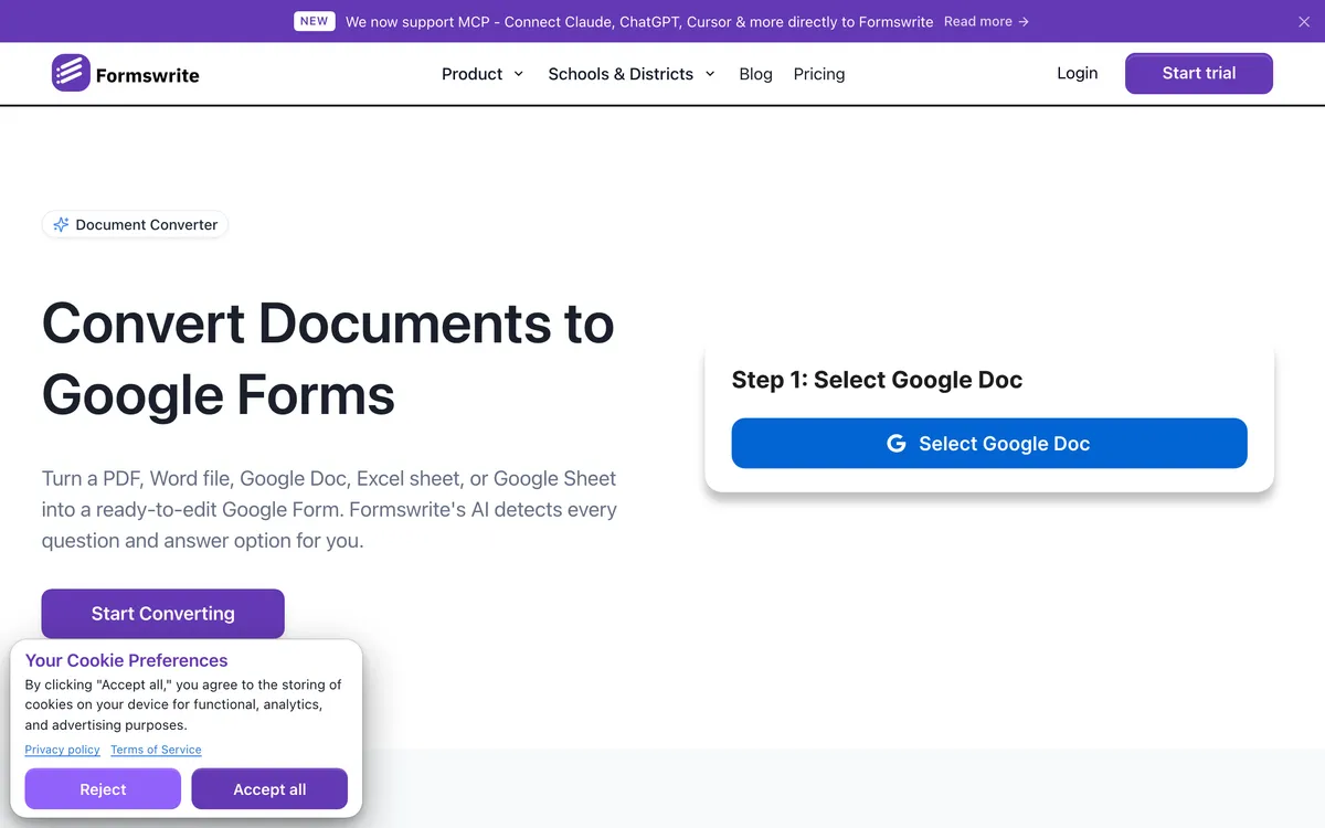 Formswrite converter page showing document upload options and a list of export targets including Google Forms, Moodle, Kahoot, and Quizizz