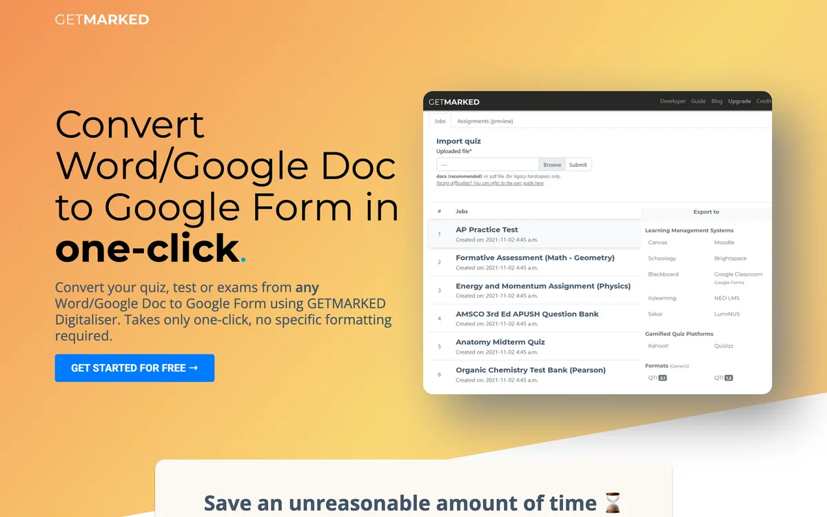 GETMARKED Digitaliser website showing the quiz digitisation workflow: upload a question paper and export to Google Forms, Moodle, Canvas, or QTI