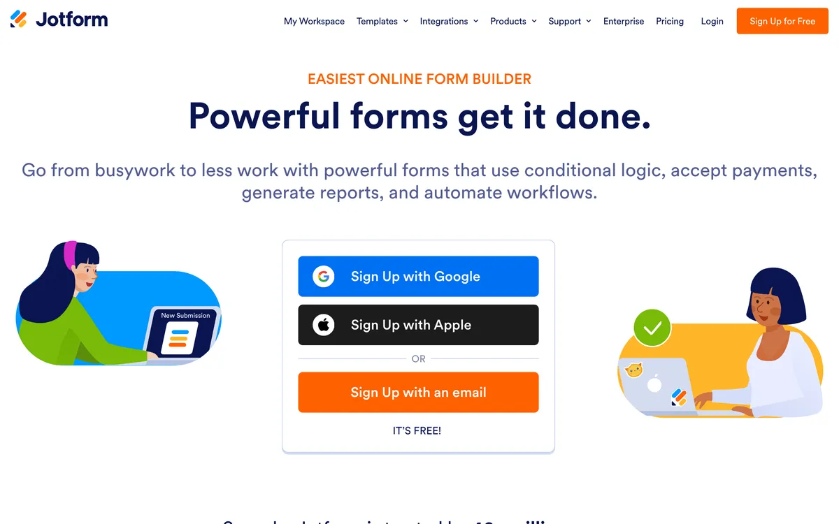 Jotform homepage with the headline "Powerful forms get it done" and sign-up buttons for Google, Apple and email, flanked by illustrations of people working on laptops