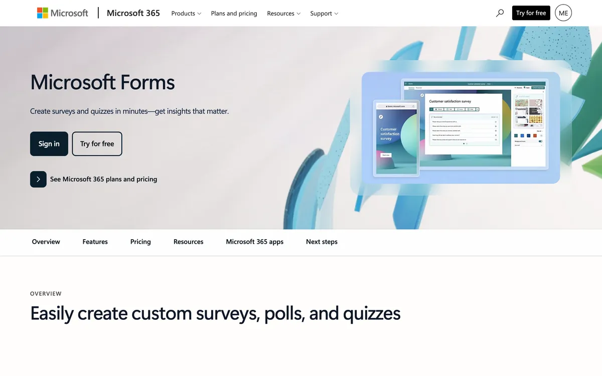 Microsoft Forms product page on microsoft.com showing the heading "Microsoft Forms", the tagline about creating surveys and quizzes in minutes, Sign in and Try for free buttons, and a device mockup of a customer satisfaction survey
