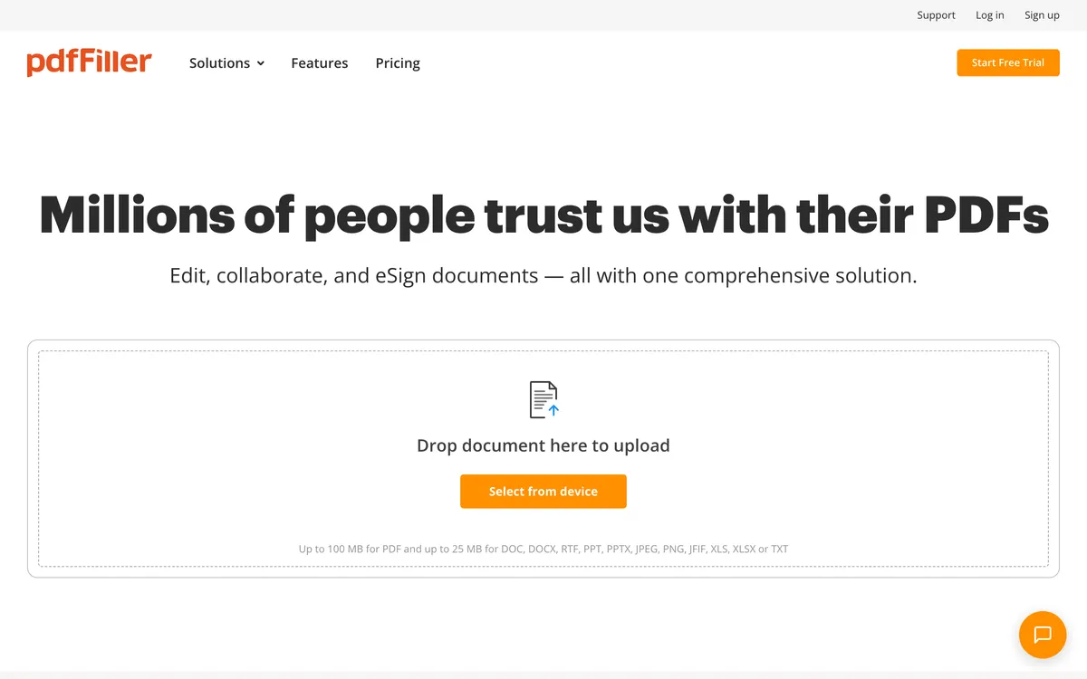 pdfFiller homepage with the headline "Millions of people trust us with their PDFs", a drag-and-drop upload area labelled "Drop document here to upload", and a note that PDFs up to 100 MB are supported