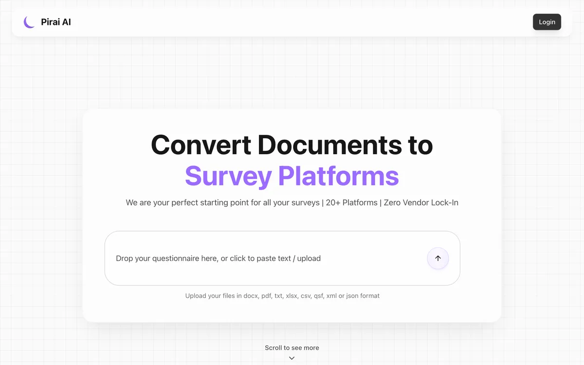 Pirai AI survey conversion interface showing document upload and a list of target survey platforms including Qualtrics and REDCap