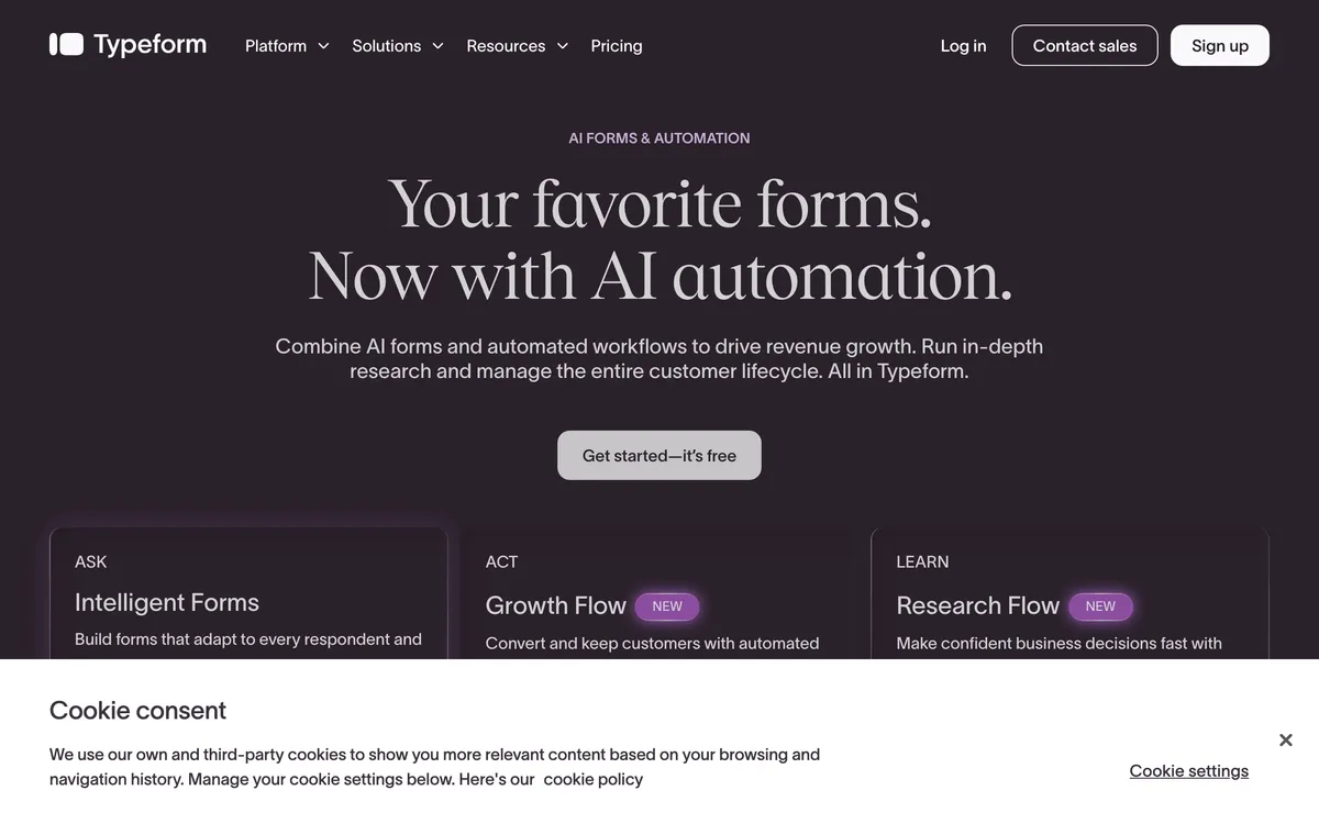 Typeform homepage on a dark background with the headline "Your favorite forms. Now with AI automation." and three feature cards labelled Ask, Act and Learn